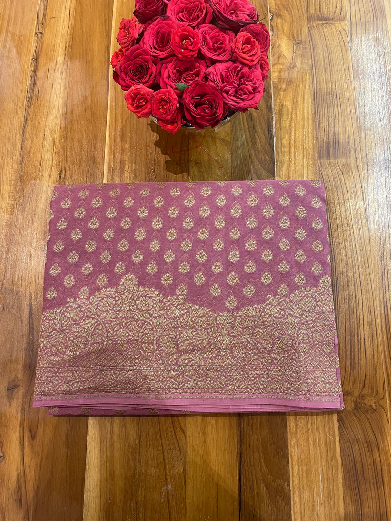 Handloom Fekua Banarasi Khaddi Georgette Silk Saree - Butidar - Old Rose Pink