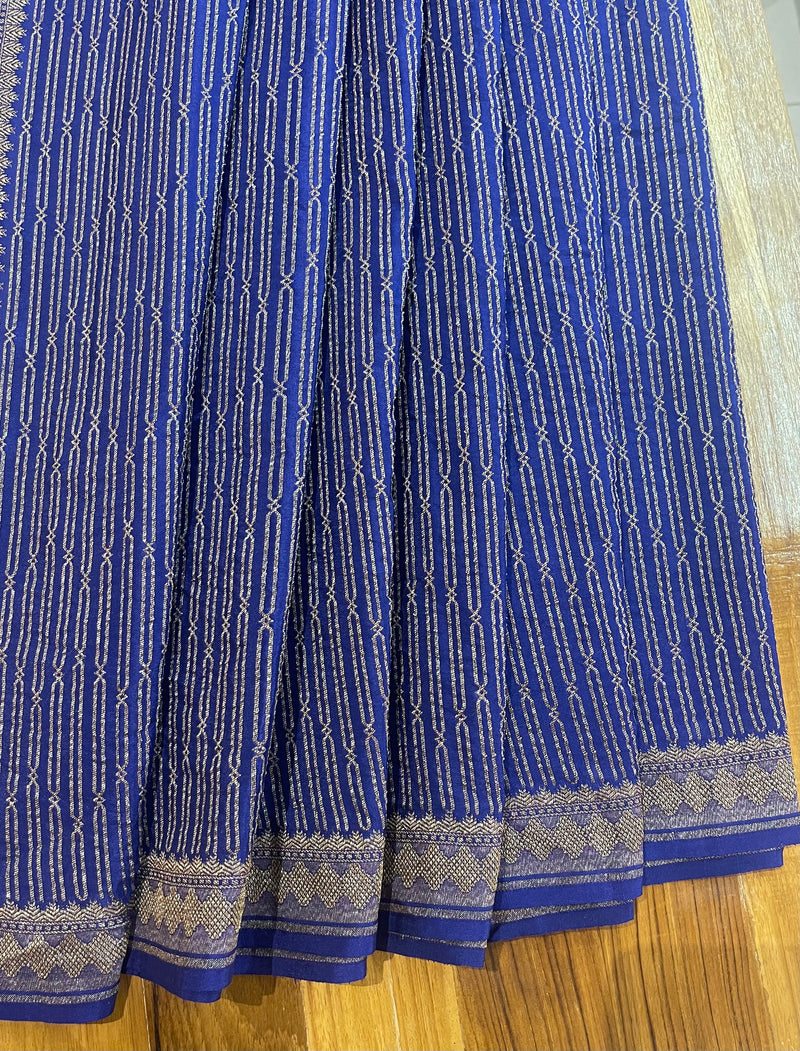 Handloom Fekua Banarasi Khaddi Georgette Silk Saree - Striped - Blue