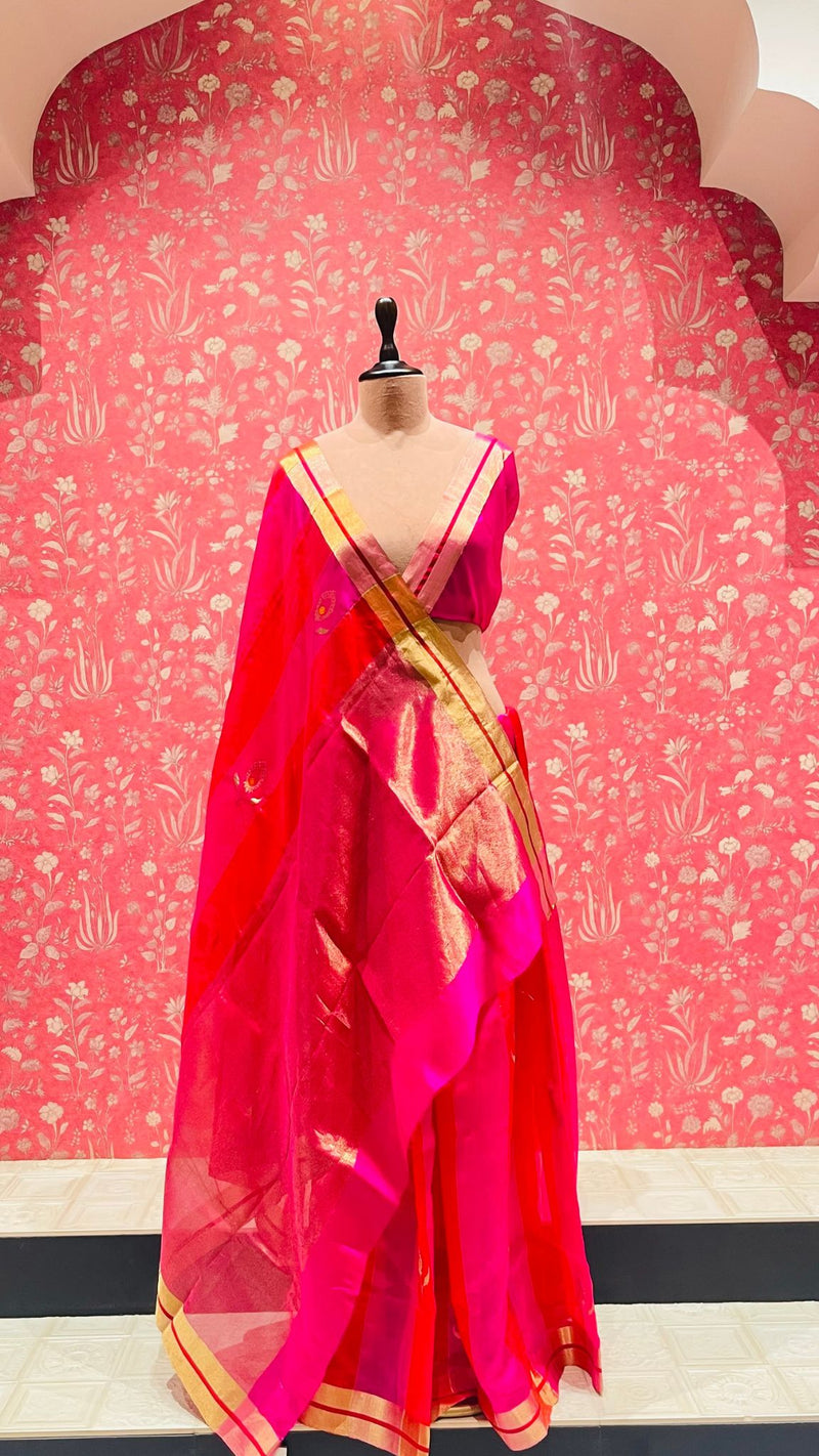 Handloom Chanderi Silk Saree - Peacock Feather - Pink