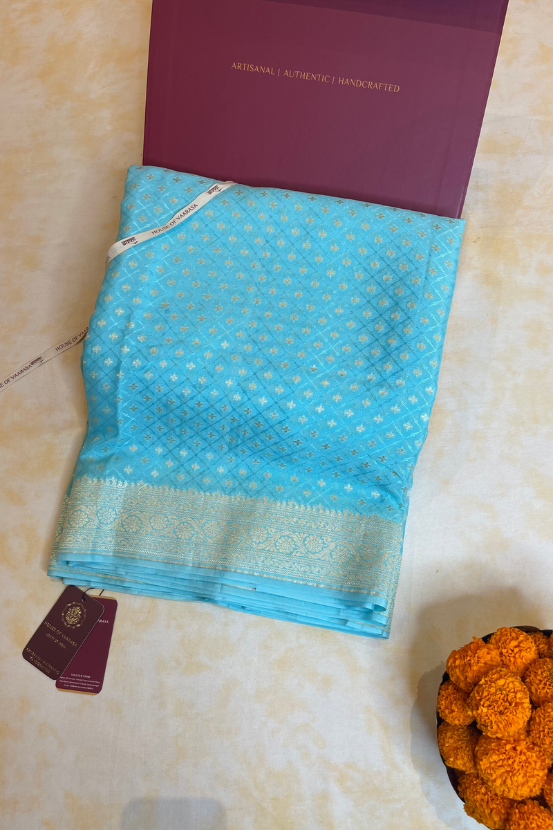 HOV Handloom Banarasi Crepe Silk Saree -  Butidar Star All Over - Sky Blue - 076