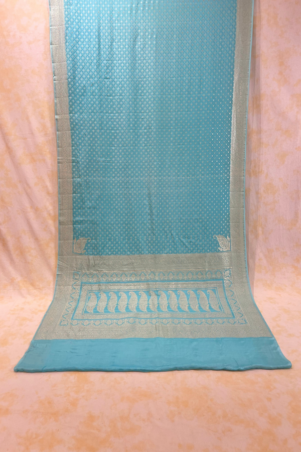 HOV Handloom Banarasi Crepe Silk Saree -  Butidar Star All Over - Sky Blue - 076