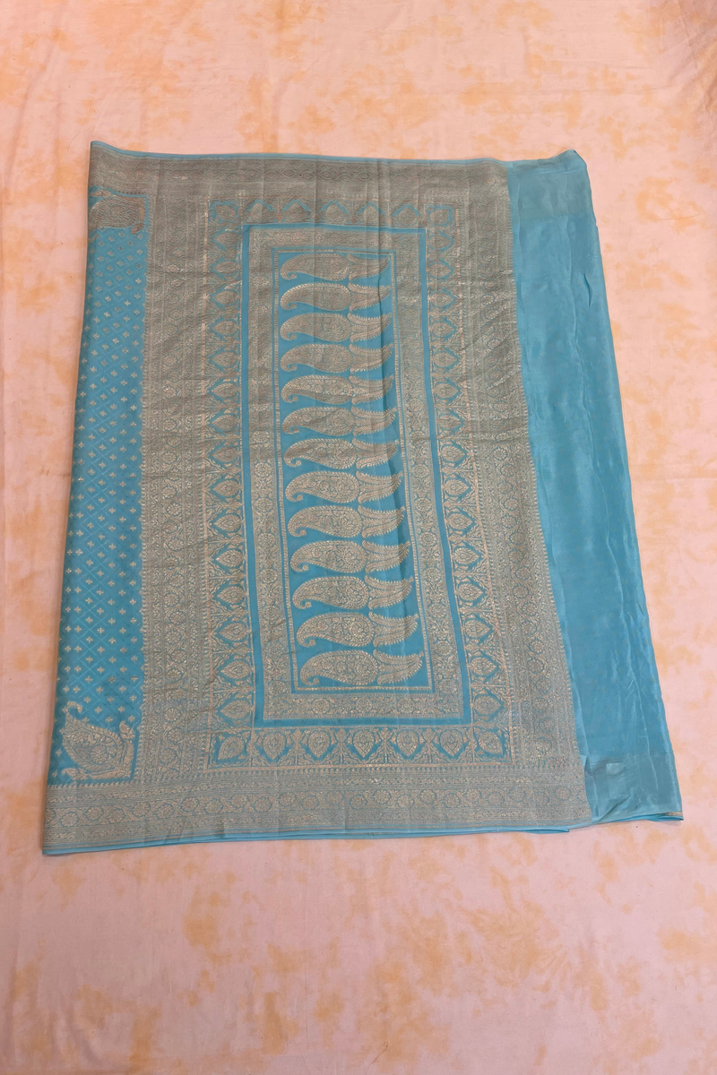HOV Handloom Banarasi Crepe Silk Saree -  Butidar Star All Over - Sky Blue - 076