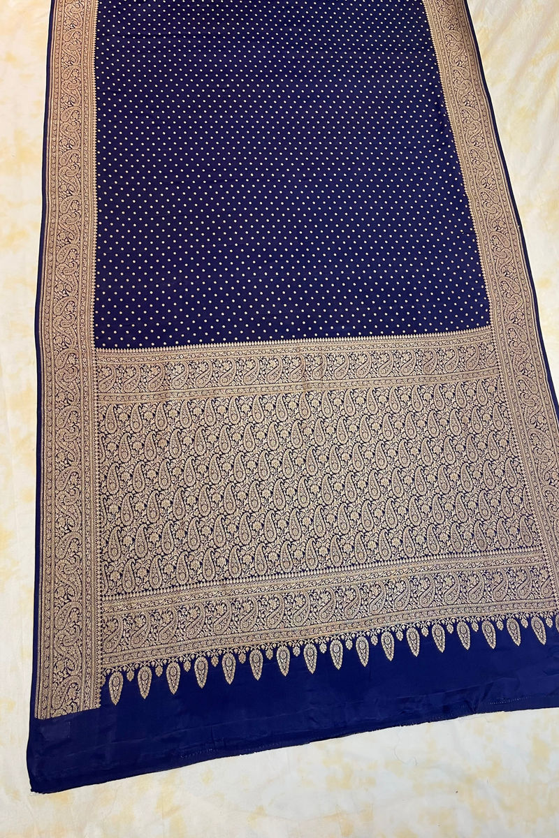 HOV Handloom Banarasi Crepe Silk Saree - Butidar All Over - Dark Blue - 075