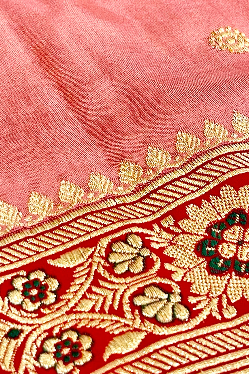 Real Zari Handloom Kadhua Banarasi Shalu Silk Satin Saree - Small Border - Sangita - All Gold Zari - Peach Red