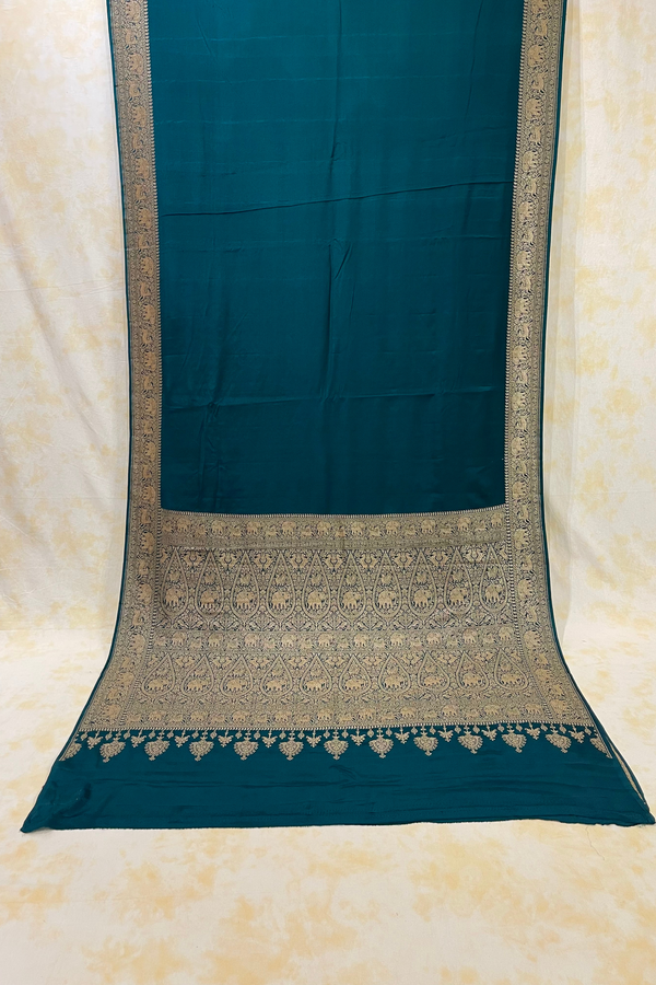HOV Handloom Banarasi Crepe Silk Saree - Plain Body With Border - Green - 073