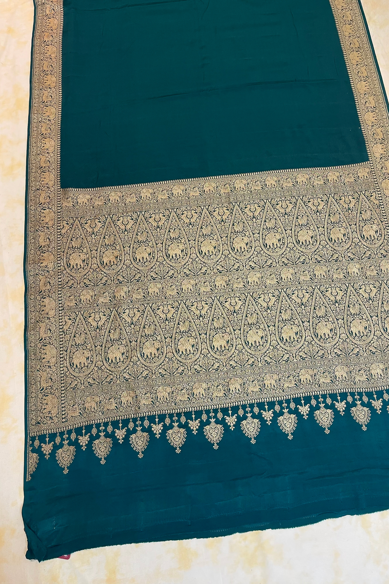 HOV Handloom Banarasi Crepe Silk Saree - Plain Body With Border - Green - 073