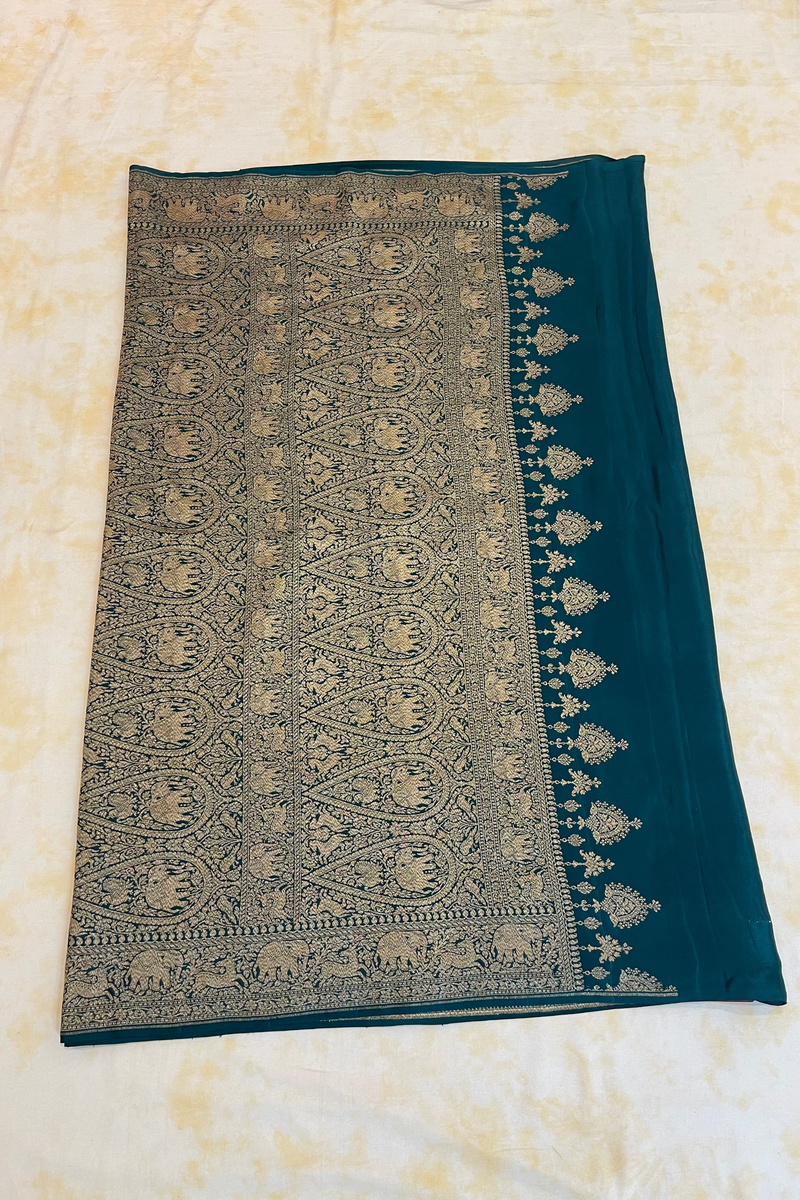 HOV Handloom Banarasi Crepe Silk Saree - Plain Body With Border - Green - 073