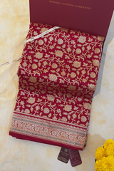 HOV EXCLUSIVE REAL ZARI HANDLOOM BANASARI KATAN SILK SAREE - JAANGLA BEL DESIGN - RED - 119