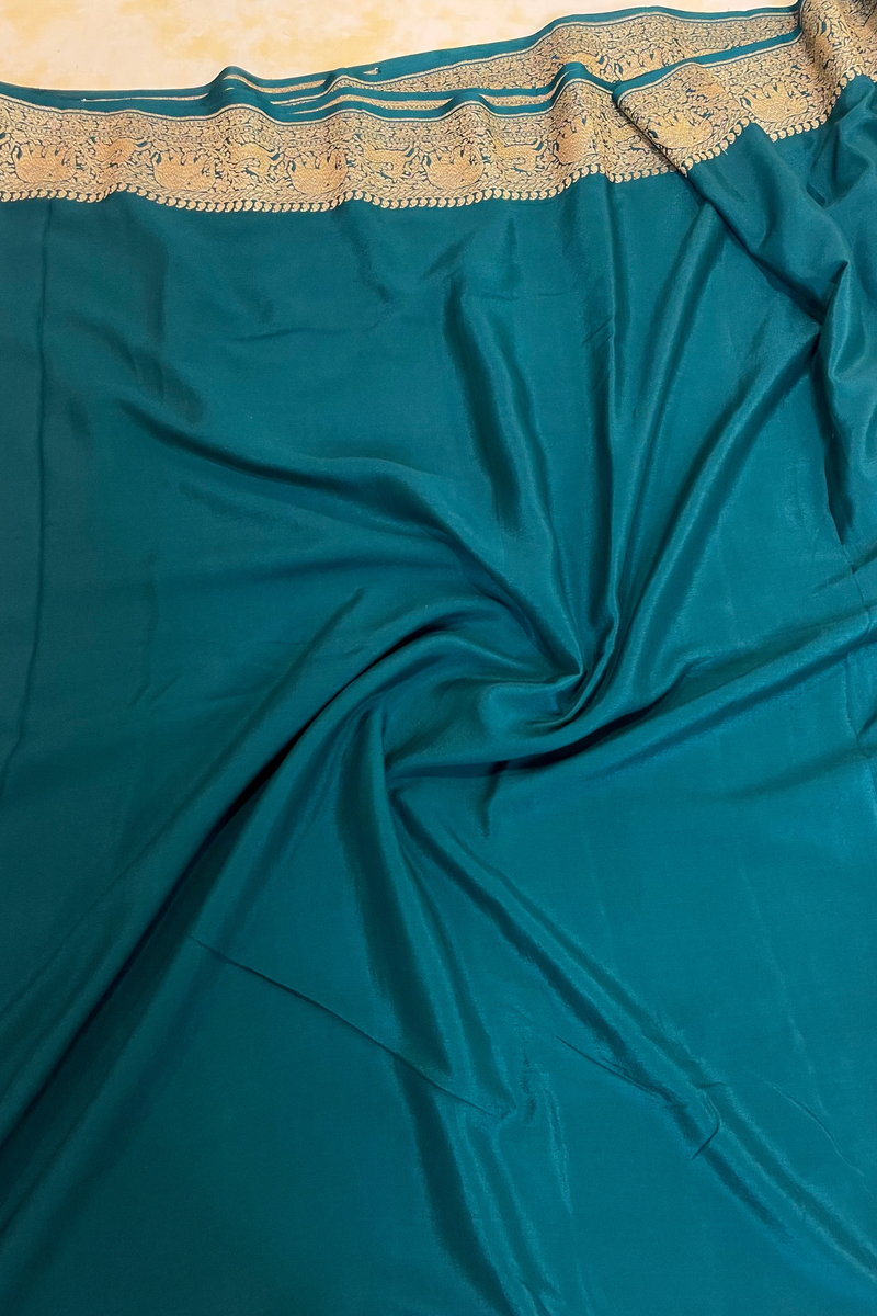 HOV Handloom Banarasi Crepe Silk Saree - Plain Body With Border - Green - 073