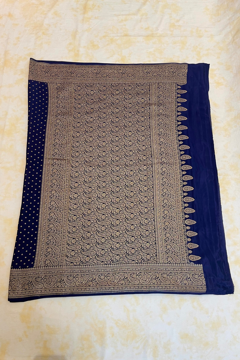 HOV Handloom Banarasi Crepe Silk Saree - Butidar All Over - Dark Blue - 075