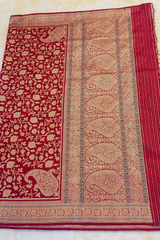 HOV EXCLUSIVE REAL ZARI HANDLOOM BANASARI KATAN SILK SAREE - JAANGLA BEL DESIGN - RED - 119