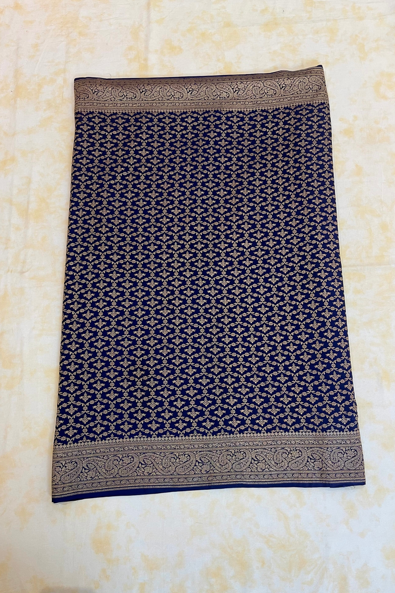 HOV Handloom Banarasi Crepe Silk Saree - Butidar All Over - Dark Blue - 075