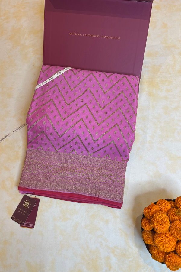 HOV Handloom Banarasi Crepe Silk Saree -  Copper Zari All Over- Baby Pink - 078