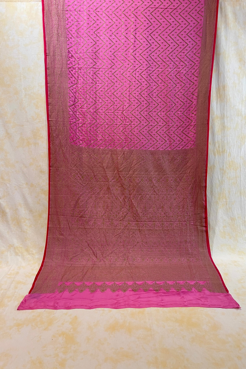 HOV Handloom Banarasi Crepe Silk Saree -  Copper Zari All Over- Baby Pink - 078