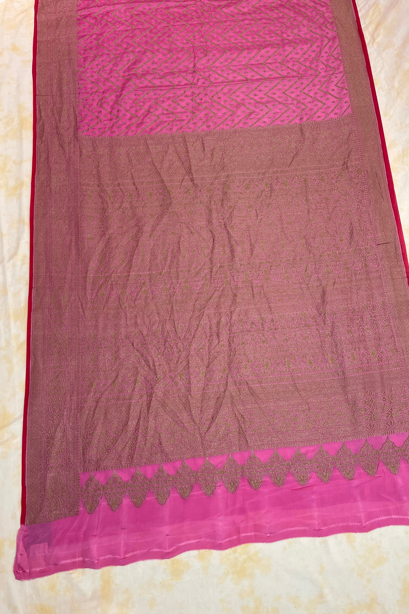 HOV Handloom Banarasi Crepe Silk Saree -  Copper Zari All Over- Baby Pink - 078