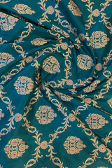 HOV EXCLUSIVE REAL ZARI HANDLOOM BANARASI KATAN SILK SAREE - JAANGLA - CHECKERED - PEACOCK GREEN - 115