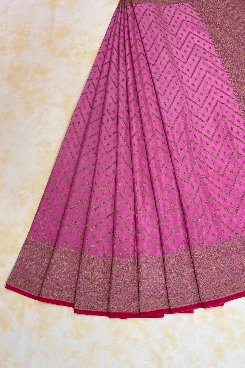 HOV Handloom Banarasi Crepe Silk Saree -  Copper Zari All Over- Baby Pink - 078