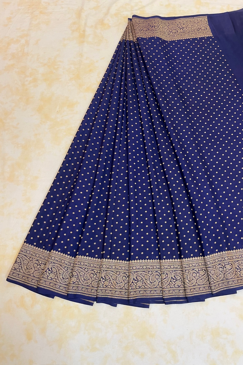 HOV Handloom Banarasi Crepe Silk Saree - Butidar All Over - Dark Blue - 075