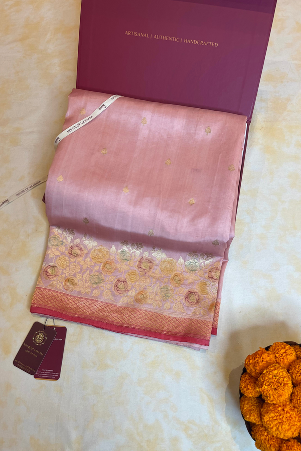 HOV Handloom Banarasi Katan Silk Saree - Roses Border - Baby Pink - 105