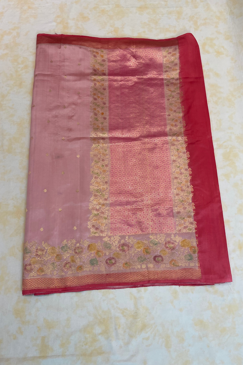 HOV Handloom Banarasi Katan Silk Saree - Roses Border - Baby Pink - 105
