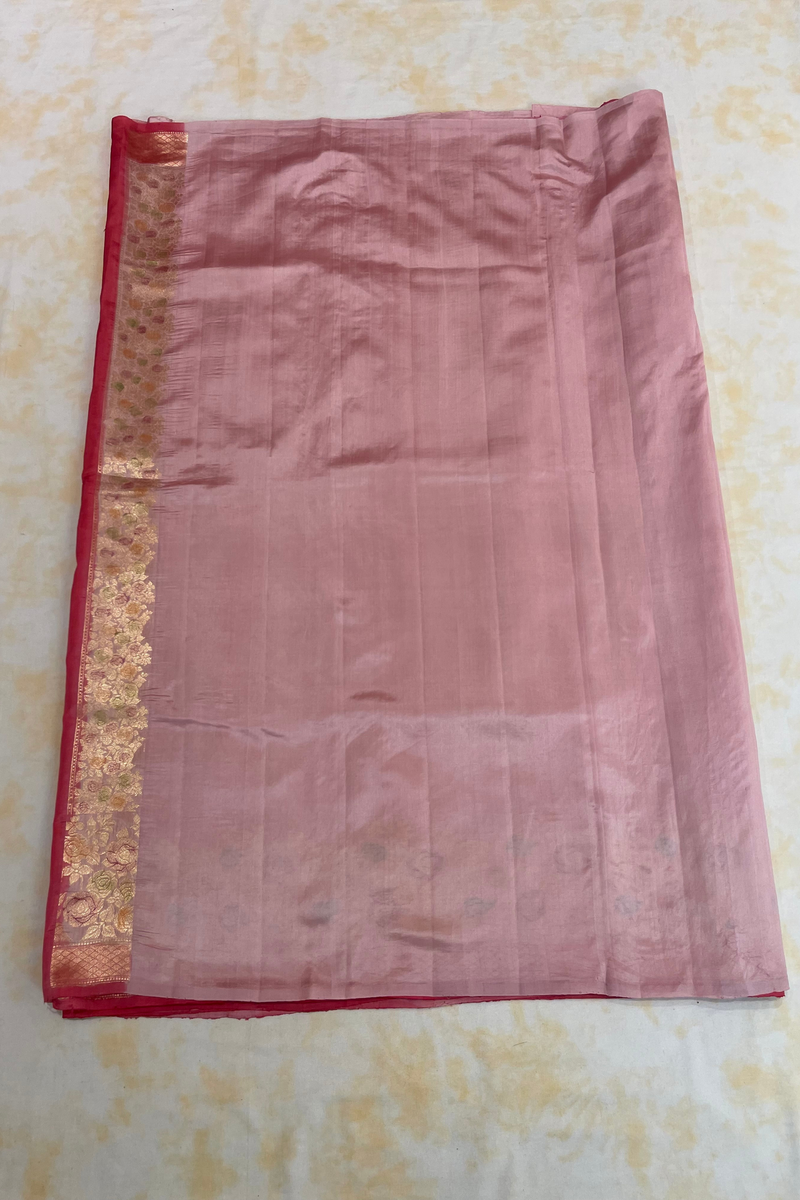 HOV Handloom Banarasi Katan Silk Saree - Roses Border - Baby Pink - 105