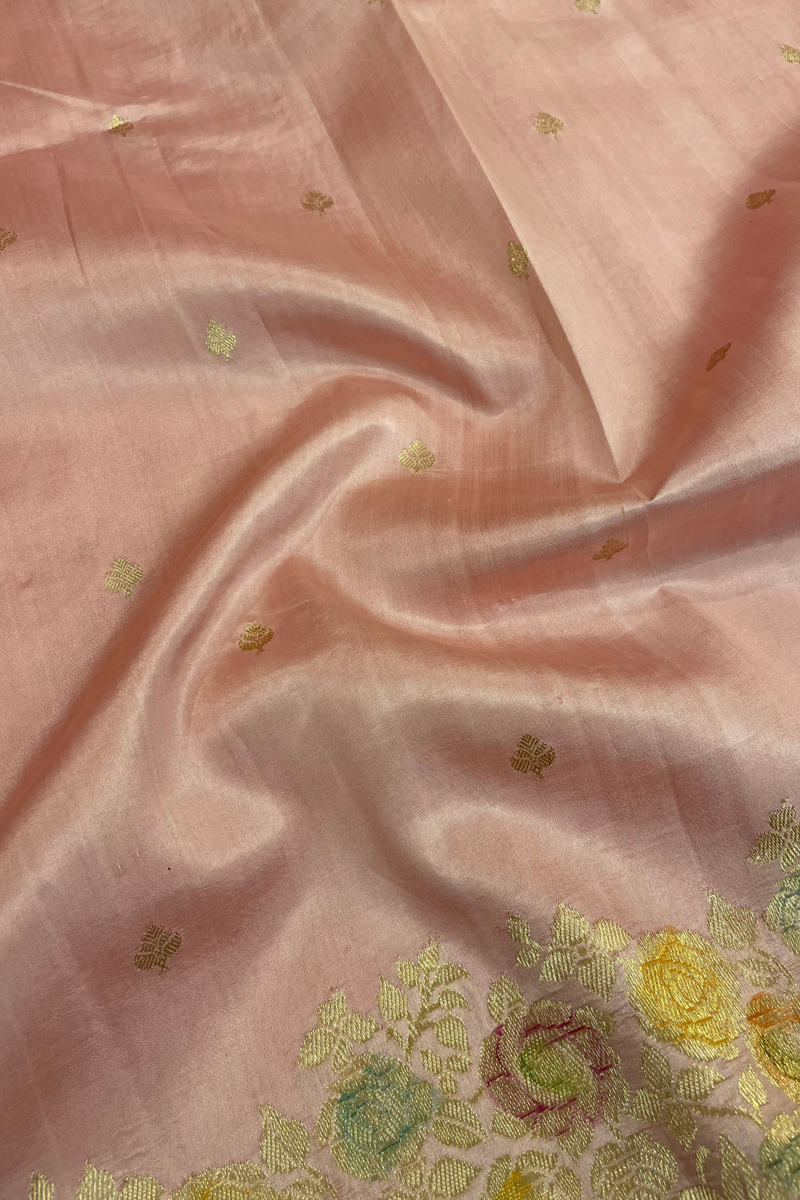 HOV Handloom Banarasi Katan Silk Saree - Roses Border - Baby Pink - 105