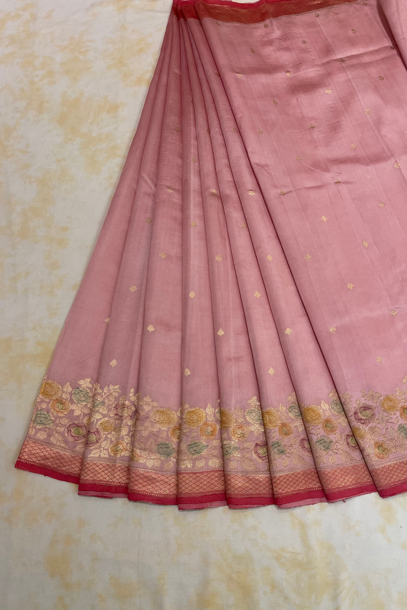 HOV Handloom Banarasi Katan Silk Saree - Roses Border - Baby Pink - 105