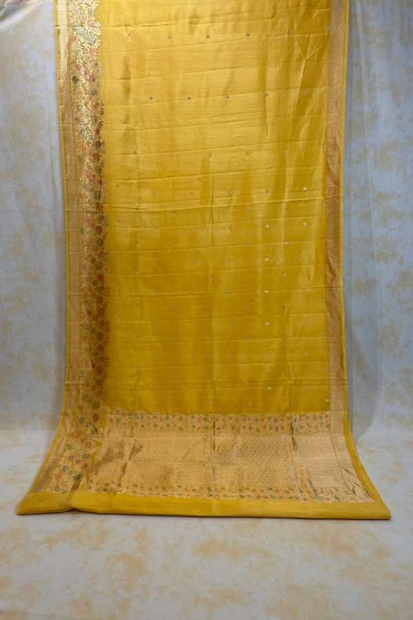 HOV Handloom Banarasi Katan Silk Saree - Roses Border - Yellow - 105
