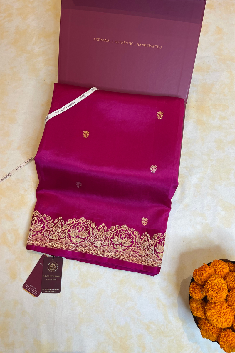 HOV Handloom Banarasi Katan Silk Saree - Butidar Kadhua -Double Dove Border Pink - 064