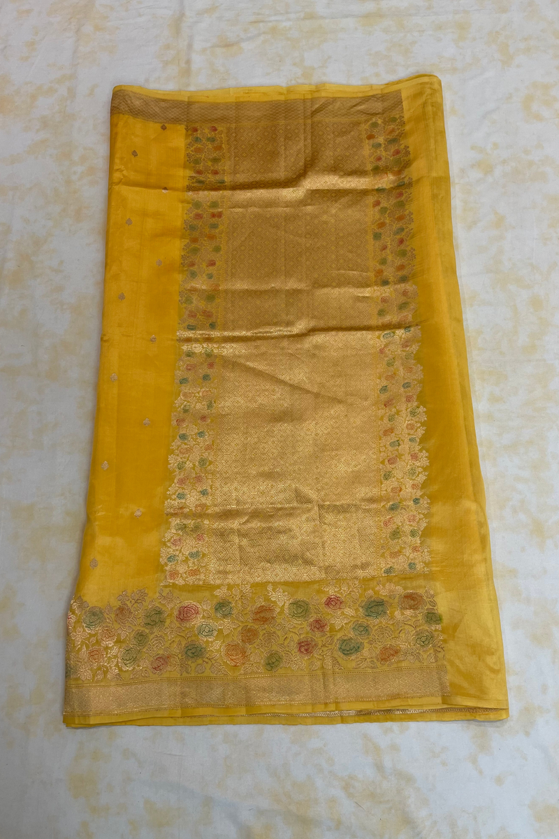 HOV Handloom Banarasi Katan Silk Saree - Roses Border - Yellow - 105