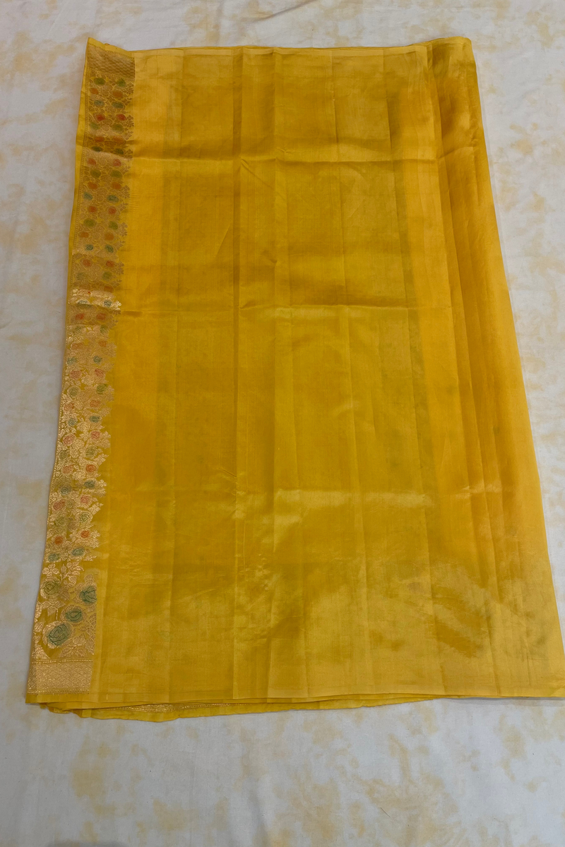HOV Handloom Banarasi Katan Silk Saree - Roses Border - Yellow - 105