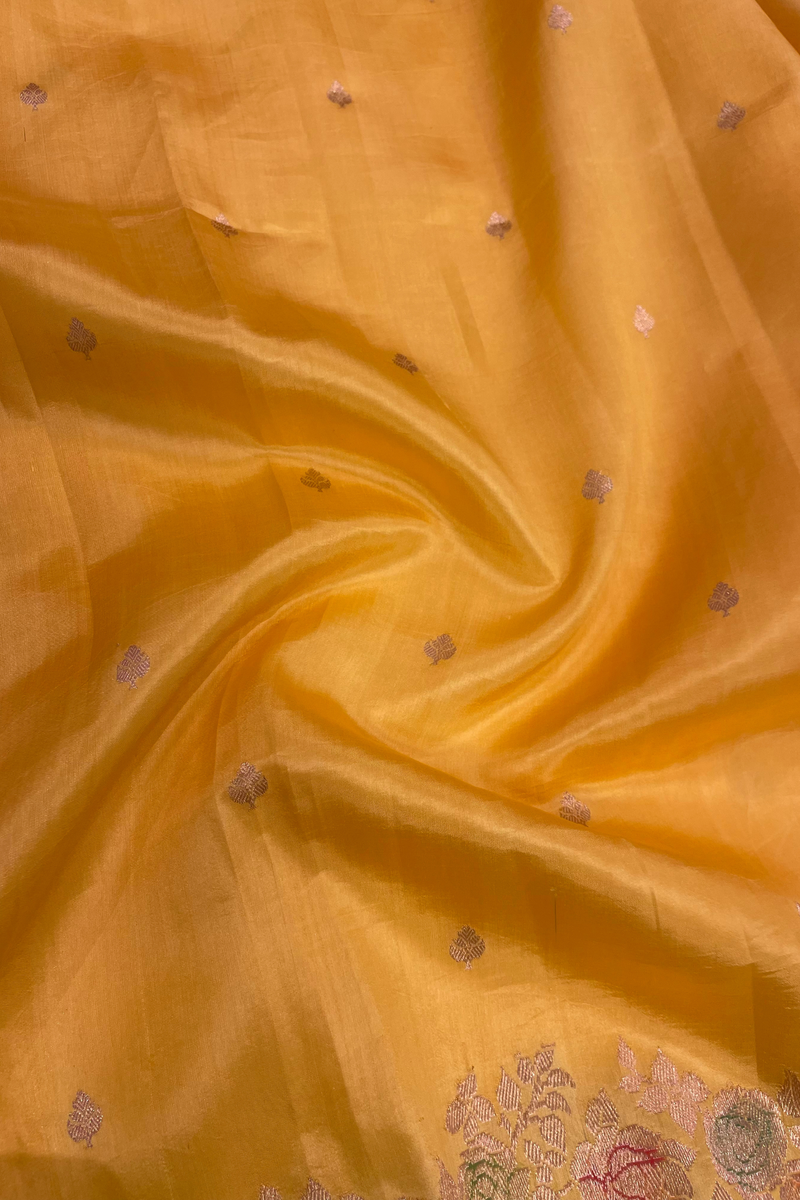 HOV Handloom Banarasi Katan Silk Saree - Roses Border - Yellow - 105
