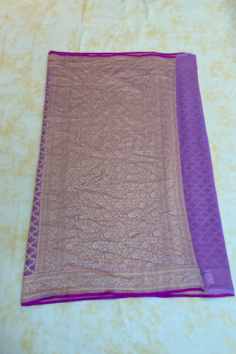 HOV Handloom Banarasi Georgette Silk Saree - All Over Jaali Design Light Purple - 079