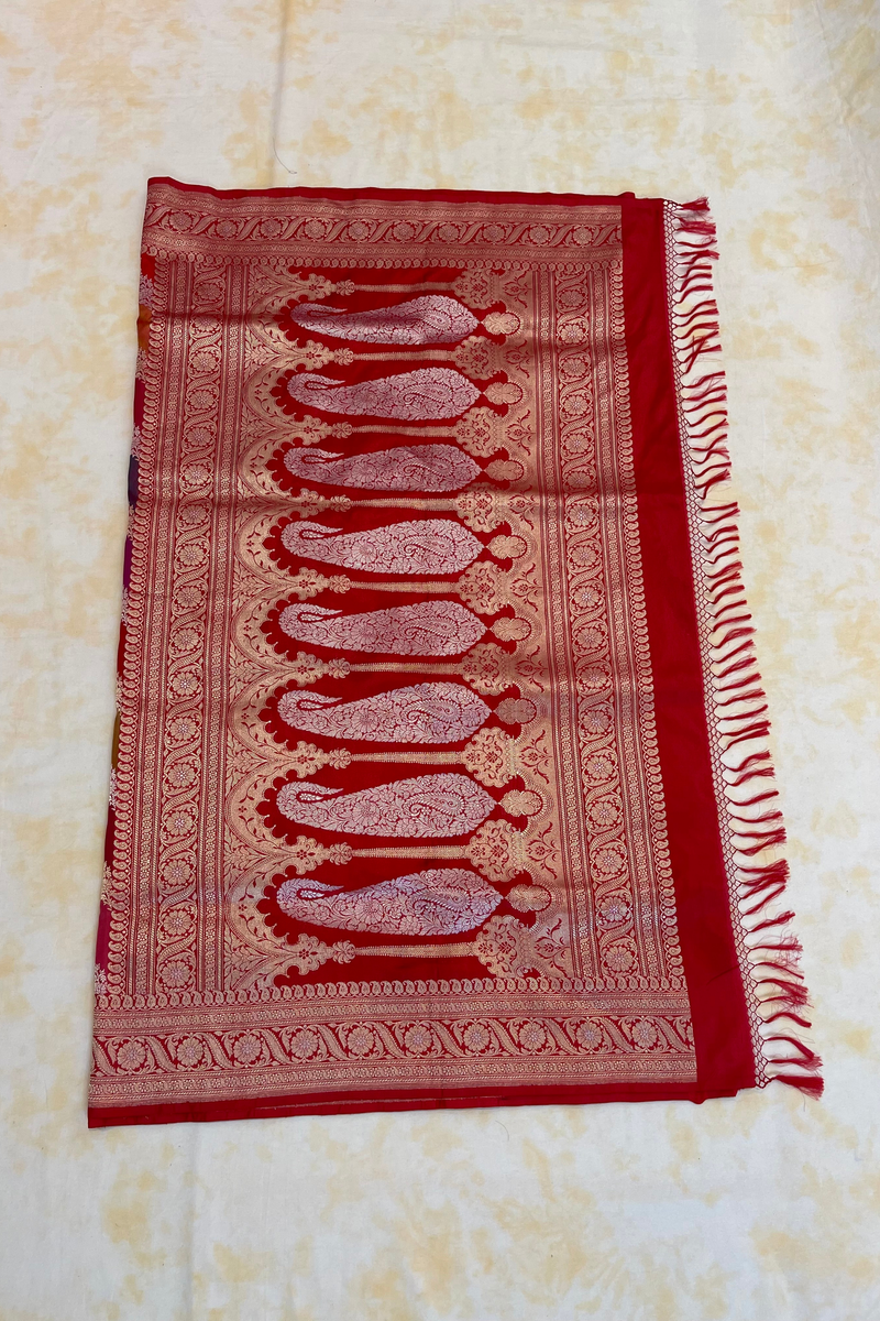 HOV Exclusive Handloom Banarasi Katan Silk Saree - Butidar - Rangakat Red Green - 102