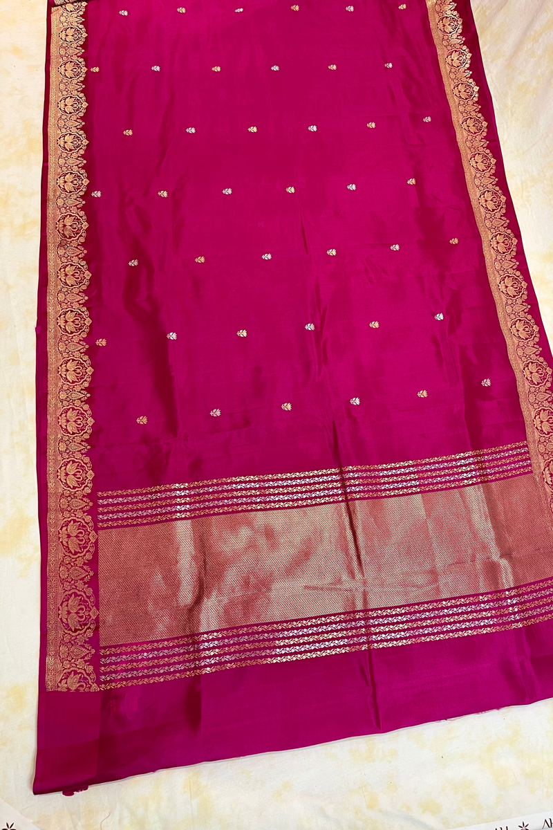 HOV Handloom Banarasi Katan Silk Saree - Butidar Kadhua -Double Dove Border Pink - 064