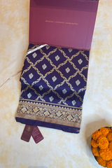 HOV Exclusive Pure Zari Handloom Banarasi Silk Saree - Midnight Blue Checkered Jaangla Sona Rupa - 096