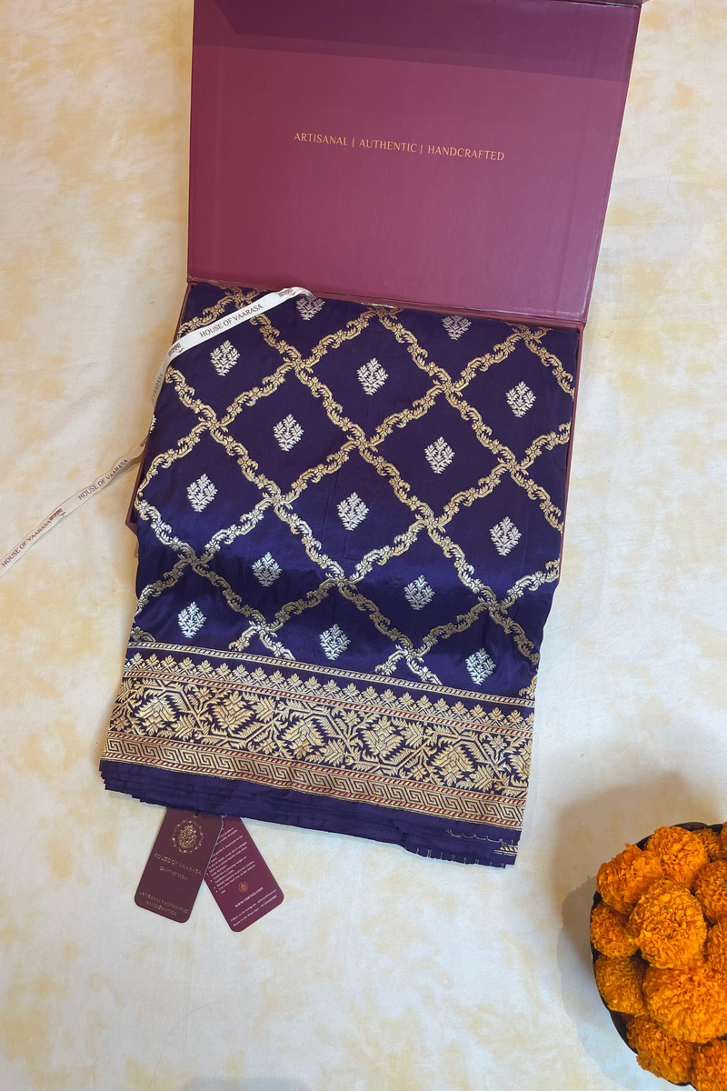 HOV Exclusive Pure Zari Handloom Banarasi Silk Saree - Midnight Blue Checkered Jaangla Sona Rupa - 096