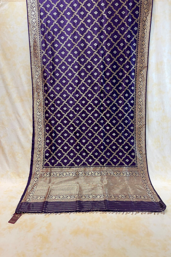 HOV Exclusive Pure Zari Handloom Banarasi Silk Saree - Midnight Blue Checkered Jaangla Sona Rupa - 096