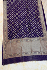 HOV Exclusive Pure Zari Handloom Banarasi Silk Saree - Midnight Blue Checkered Jaangla Sona Rupa - 096