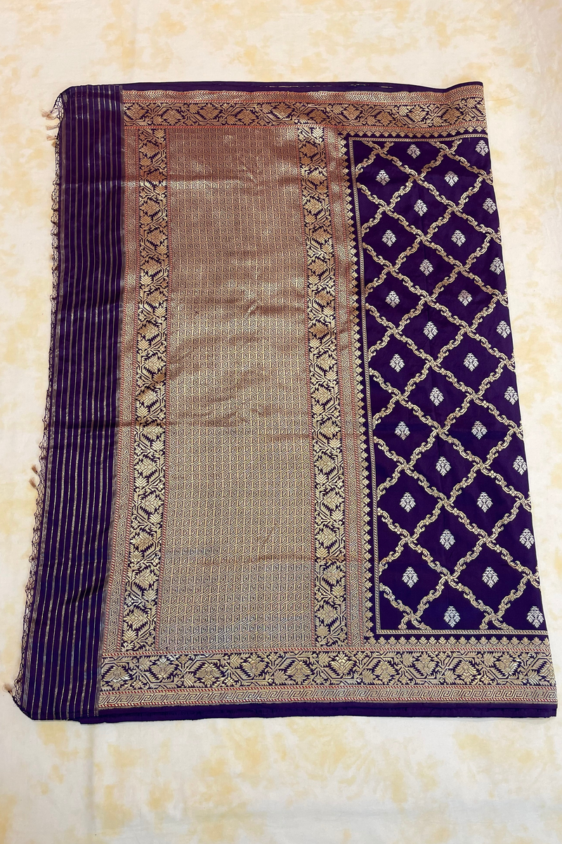 HOV Exclusive Pure Zari Handloom Banarasi Silk Saree - Midnight Blue Checkered Jaangla Sona Rupa - 096