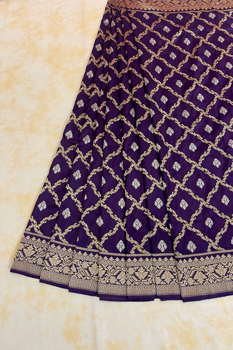 HOV Exclusive Pure Zari Handloom Banarasi Silk Saree - Midnight Blue Checkered Jaangla Sona Rupa - 096