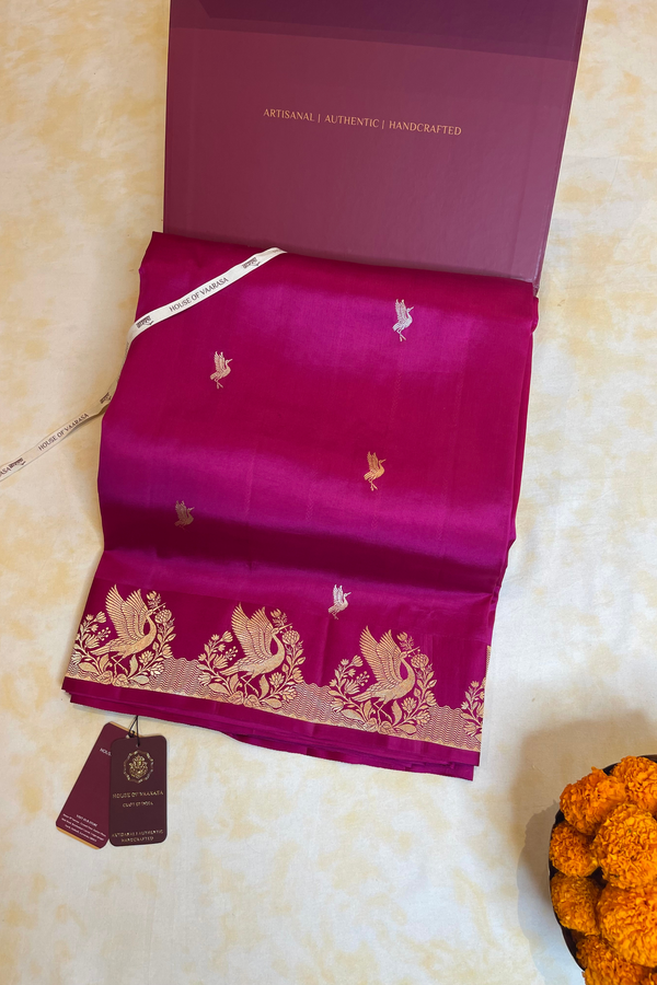 HOV Handloom Banarasi Katan Silk Saree - Butidar Kadhua - Bird Border Deep Pink- 063