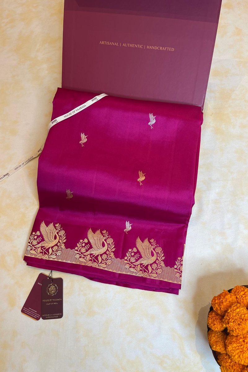 HOV Handloom Banarasi Katan Silk Saree - Butidar Kadhua - Bird Border Deep Pink- 063