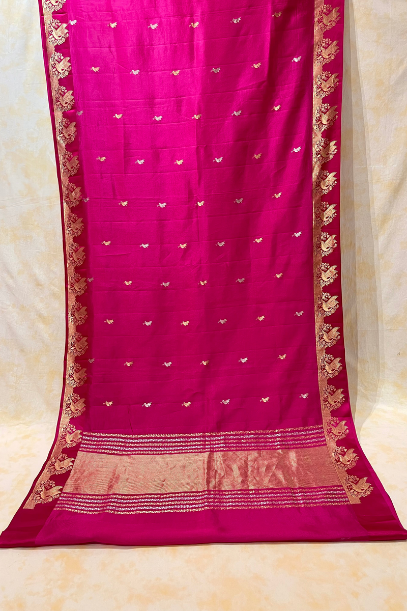 HOV Handloom Banarasi Katan Silk Saree - Butidar Kadhua - Bird Border Deep Pink- 063