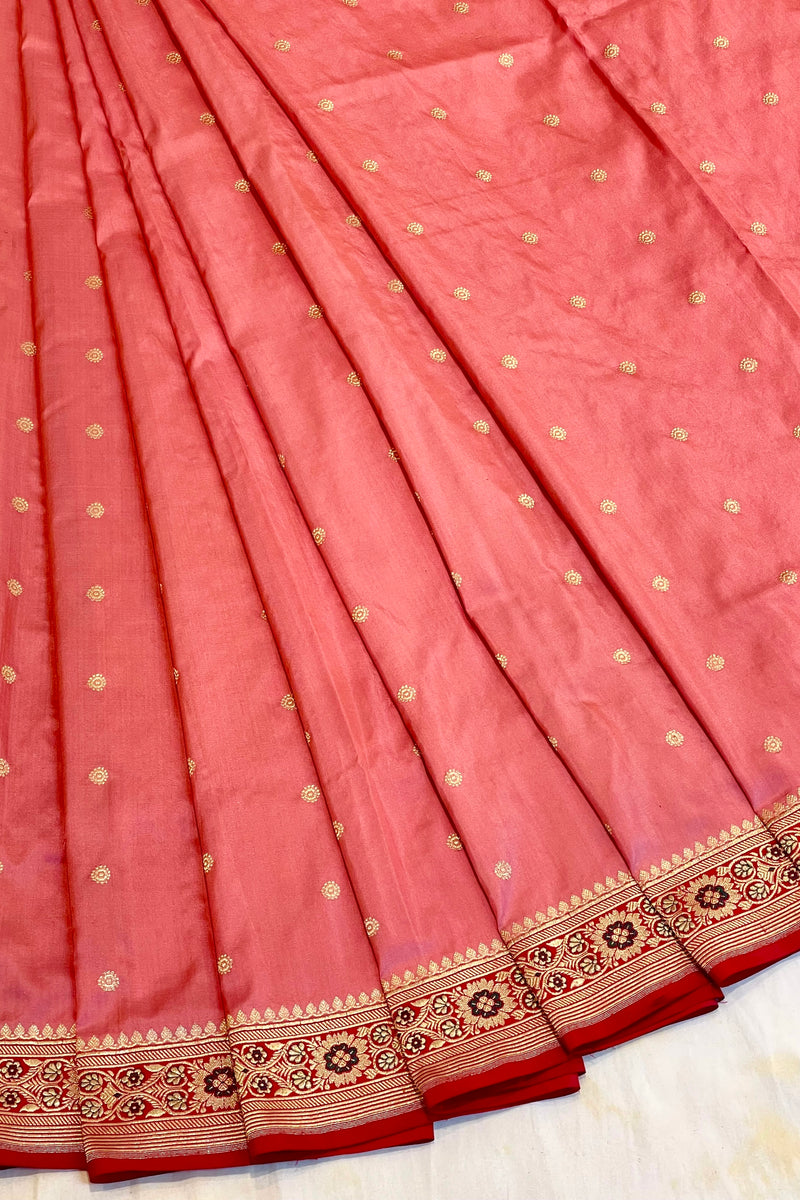 Real Zari Handloom Kadhua Banarasi Shalu Silk Satin Saree - Small Border - Sangita - All Gold Zari - Peach Red