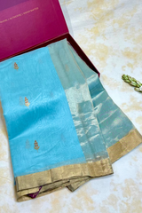 Handloom Silk Cotton Chanderi Saree - Marigold Buta - Light Blue