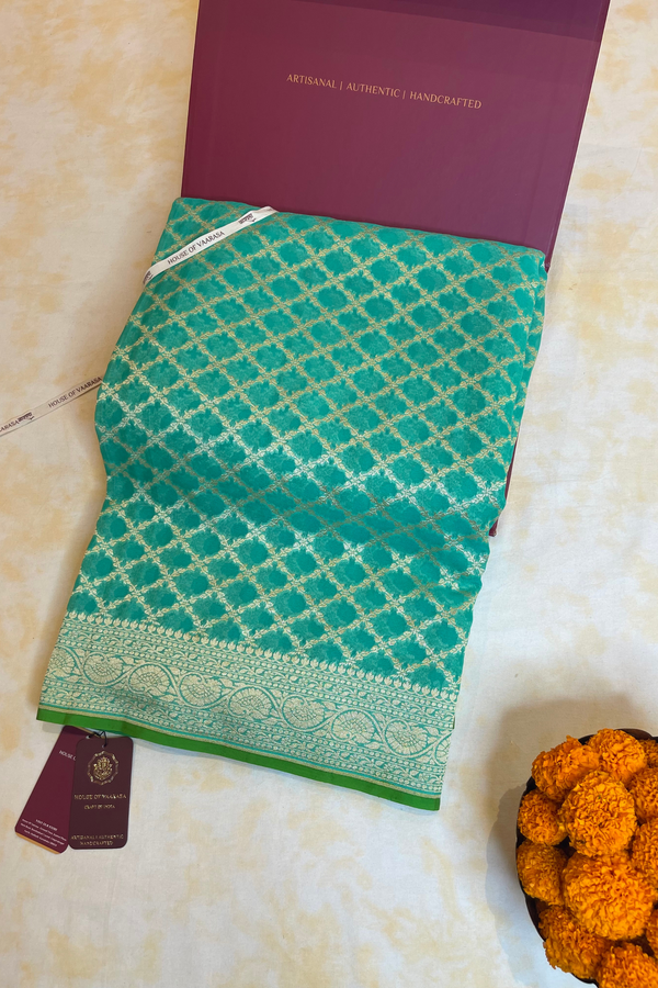 HOV Handloom Banarasi Georgette Silk Saree - All Over Jaali Design Light Green - 080