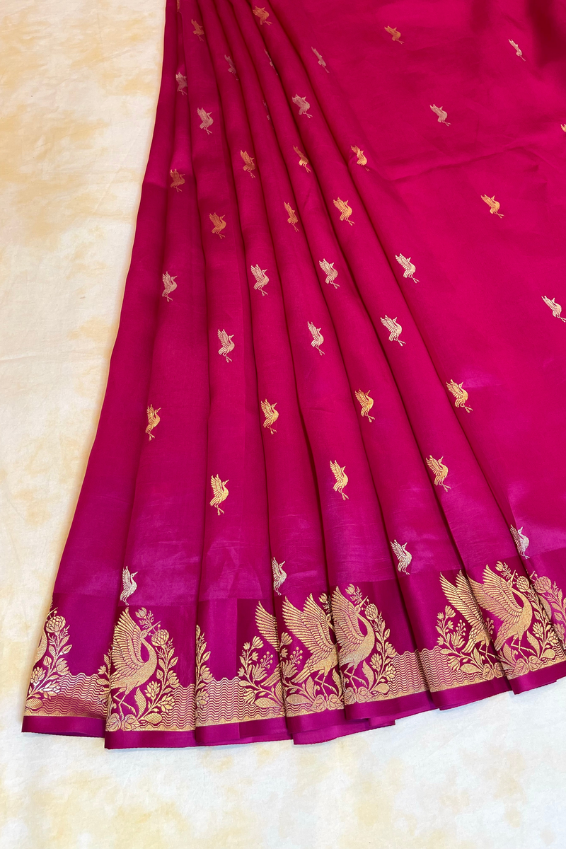 HOV Handloom Banarasi Katan Silk Saree - Butidar Kadhua - Bird Border Deep Pink- 063
