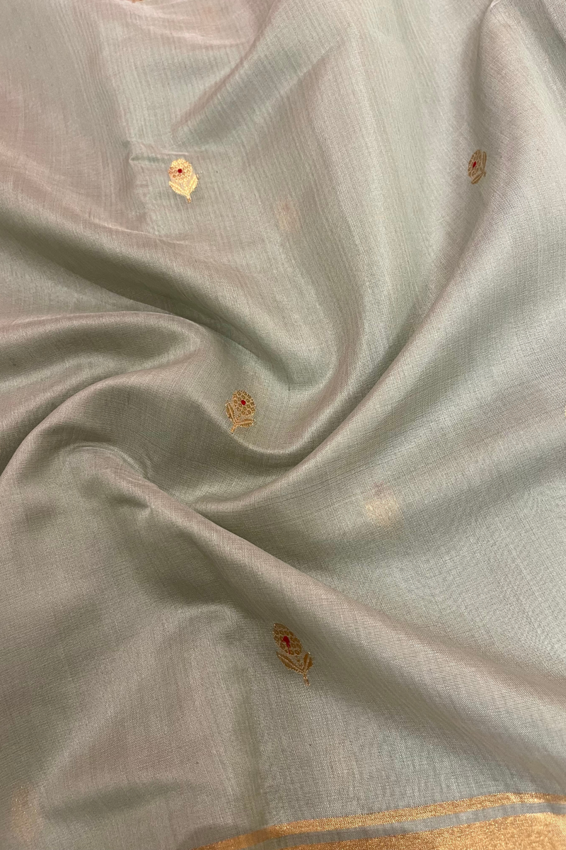 HOV Handloom Chanderi Cotton Silk Saree - Small Flower Blue - 030