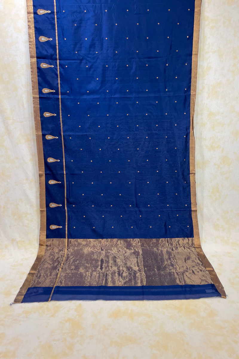 HOV Handloom Chanderi Silk Saree - Border Paisley Buta - Dark Blue - 54-03-04